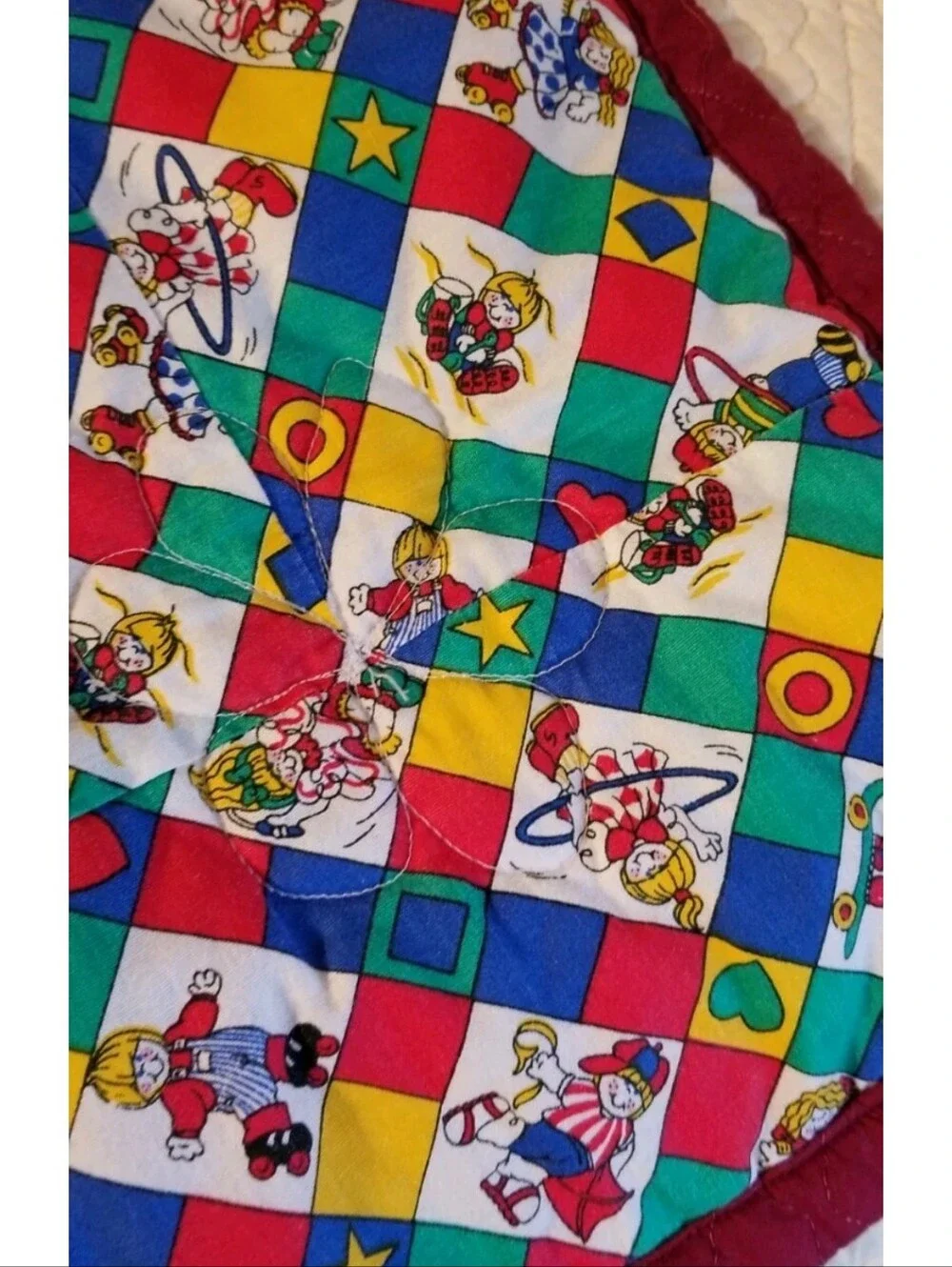 Vintage Baby Child Lap Quilt Blanket Childhood Activity Blue, Yellow, Green, Red